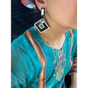 Large Black white Pierced retro acrylic Abstract statement chunky Earring 3.25"